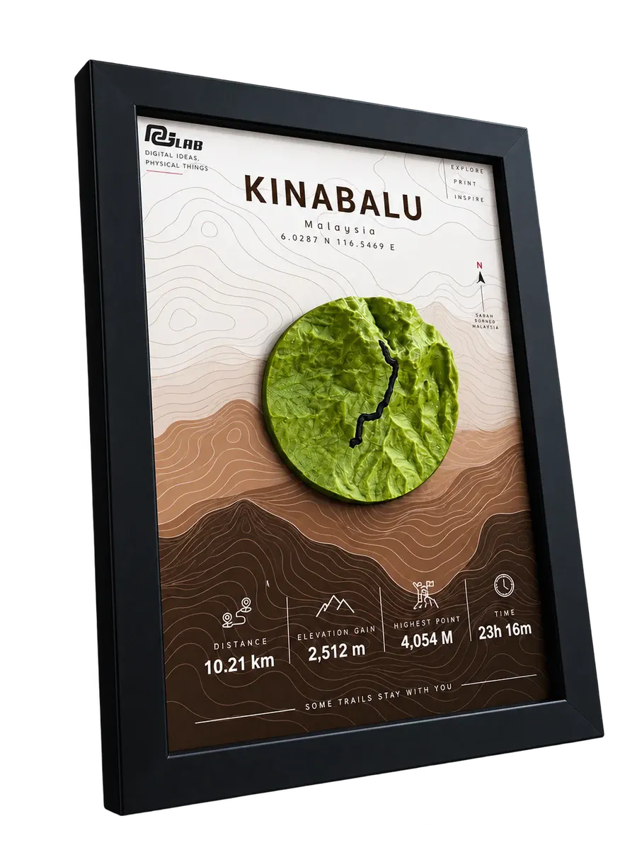 ALUR framed terrain artwork with a raised mountain landscape and trail