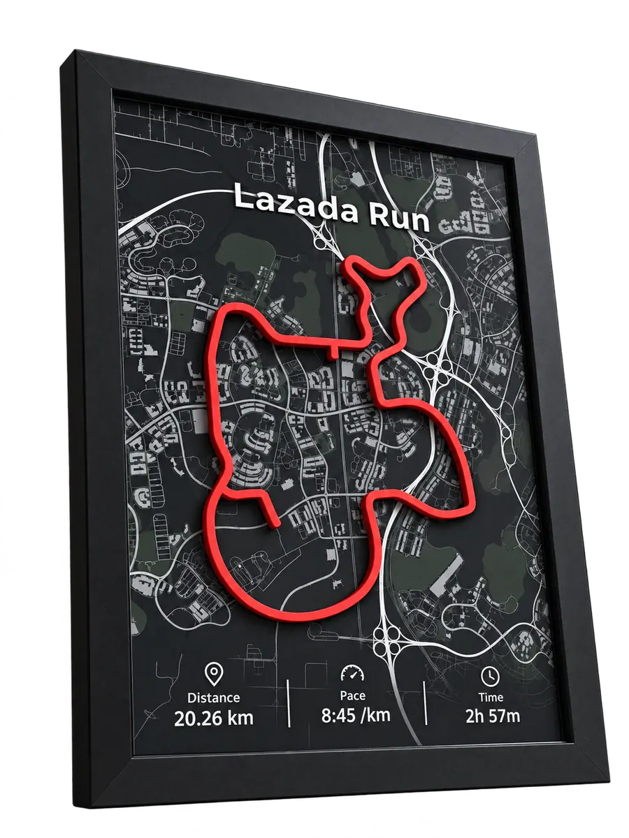 LAKAR framed map artwork with a raised running route